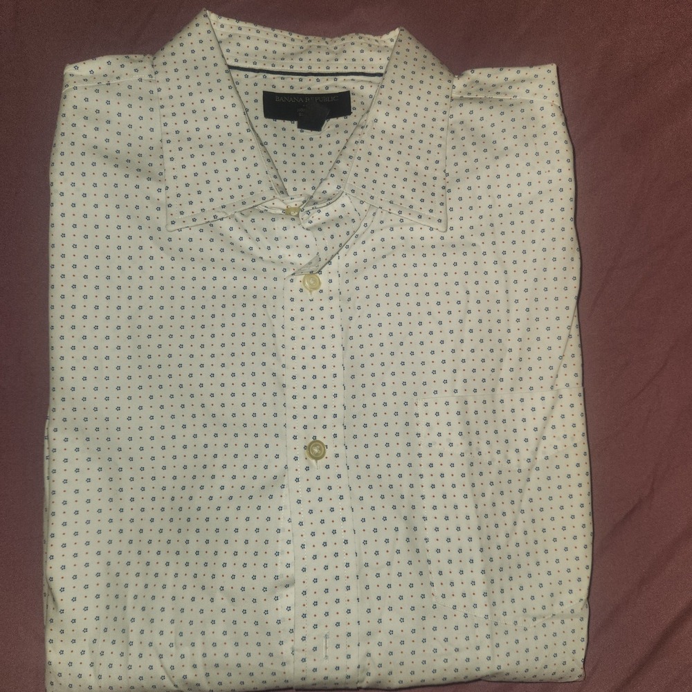 Banana Republic Mens Non Iron Slim Fit Shirt White Floral Dot L 16-16.5 34-35